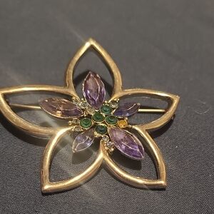 Silver and Purple Rhinestone Floral Brooch